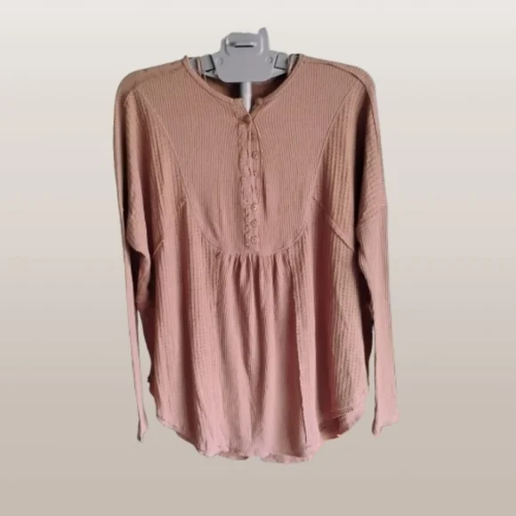 Free People Leo Henley Thermal Top – XS (Oversized Fit) – Chocolate Malt