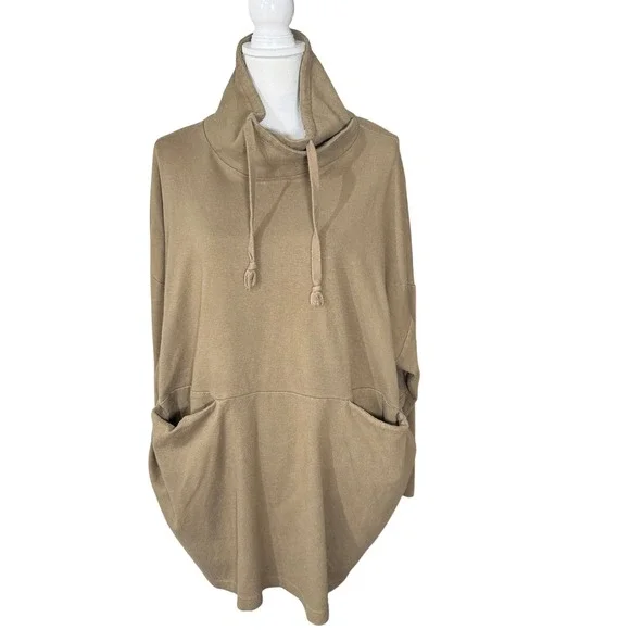 Free People Beach Olive Tan Funnel Neck Oversized Tunic Sweatshirt Pockets M GUC