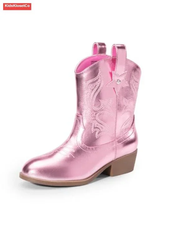 Girls Cowgirl Boots with Low Heel Western Embroidered Fashion Mid Calf Shoes
