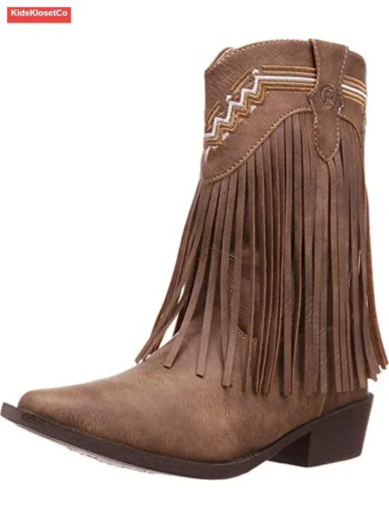 Girls Mid Calf Chelsea Boots with Fringe - Faux Leather - Block Heel