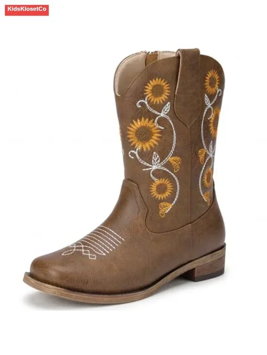 Girls Cowboy Boots with Floral Embroidery - Western Cowgirl Boots with Square