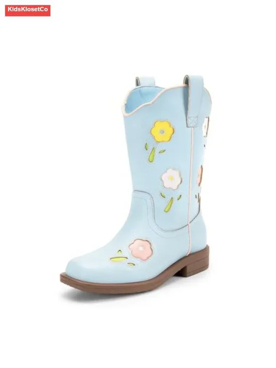 Girls Floral Embroidered Square Toe Cowboy Boots with Dual Pull Tabs