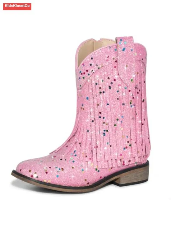 Kids Glitter Fringe Cowgirl Boots Square Toe Sparkle Boots with Zipper