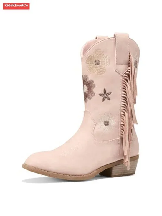 Girls Cowboy Boots with Tassel, Floral Embroidered Western Boots for