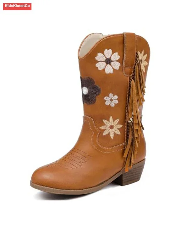 Floral Embroidered Fringe Cowgirl Boots with Side Zipper