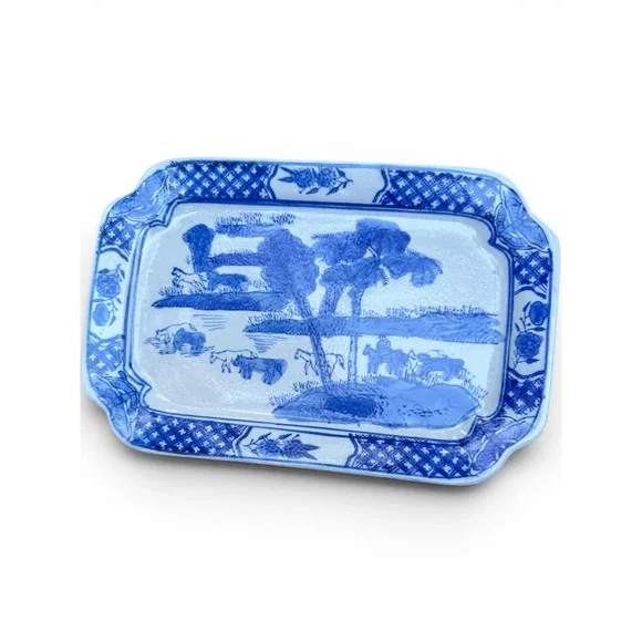 Vintage Blue + White Porcelain Rectangular Platter | Chinoiserie Horse Landscape