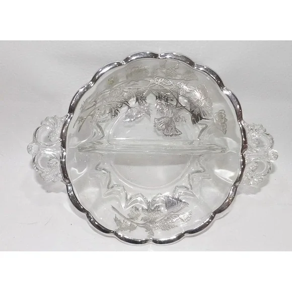 Vintage Silver Overlay Glass Divided Relish Dish Floral Poppy Scalloped Handle