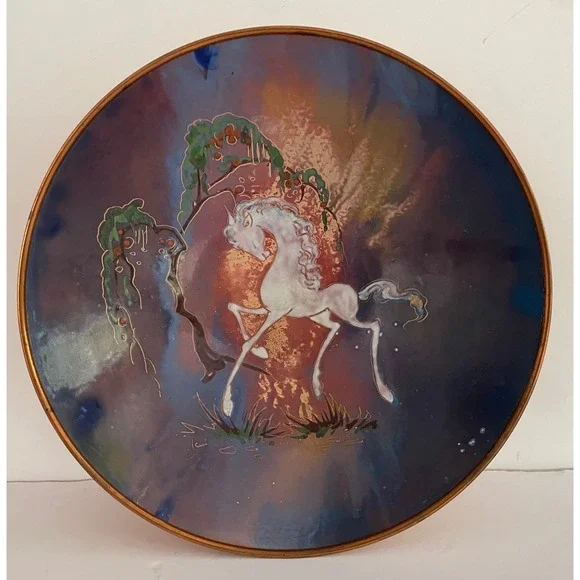 Sagitta Holland Enamel Copper Bowl White Horse Unicorn Celestial Fairy MCM 7.75