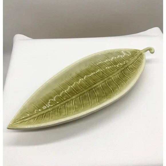 Green Ceramic Leaf Serving Tray Embossed Botanical Trinket Dish 11.5 Inch Sage