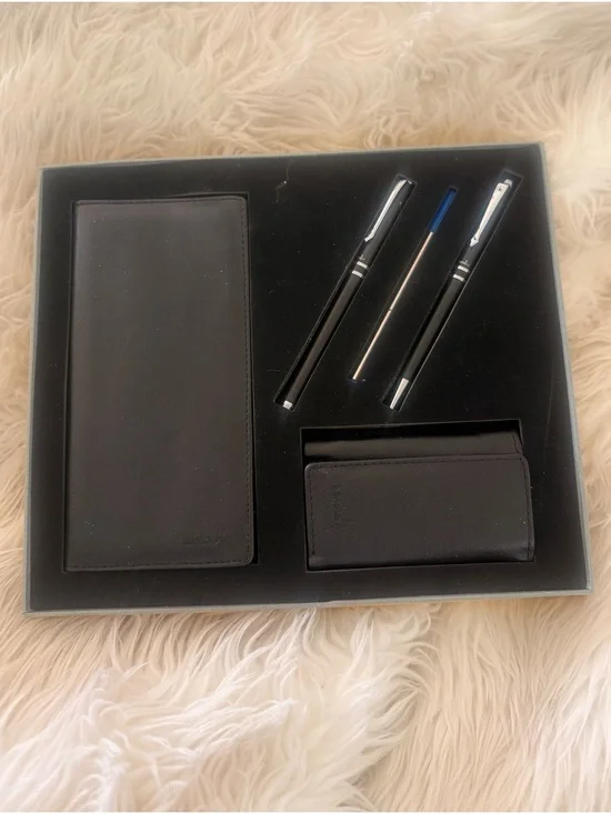 Black Leather Wallet & Card Case Gift Set with Black Pens