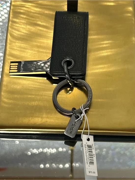 Coach Black Leather Key Fob with Silver Hardware and Logo Tags