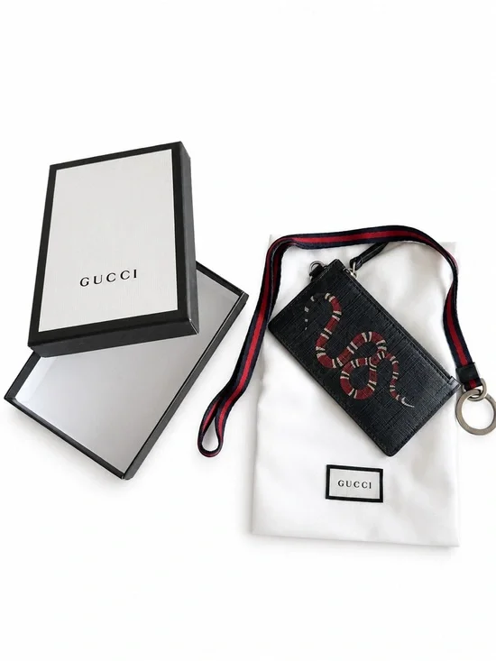 Gucci Black Card Case with Red & White Snake and Navy-Red Web Strap