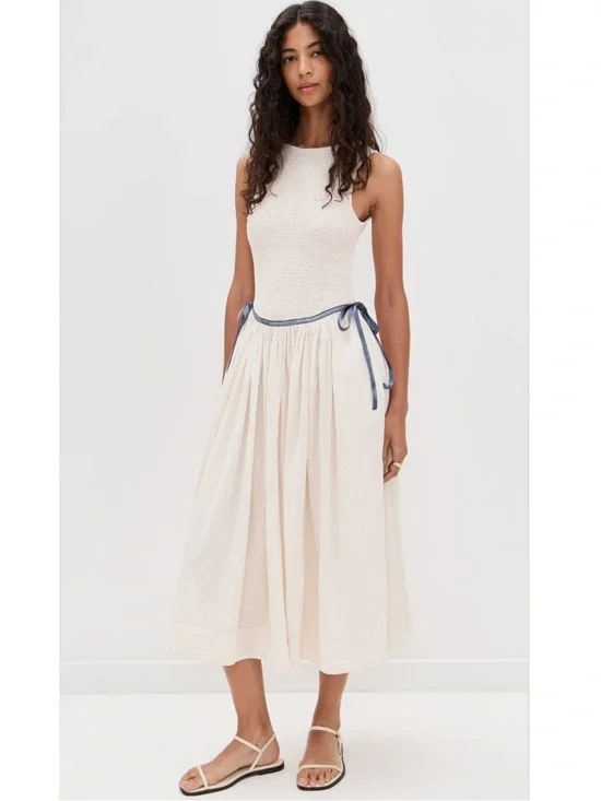 Free People Nightingale Smocked Seersucker Midi Dress in Tea Navy Combo New!