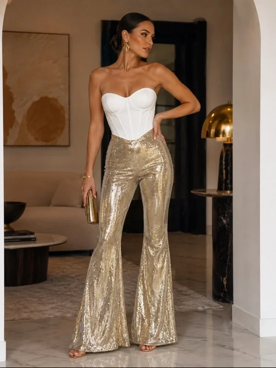 Free People NWT Free People The Minx Metallic Sequin Flare Pants!