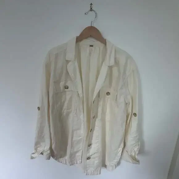 Free People Sunshine In My Pockets Linen Blend Ivory Utility Shacket