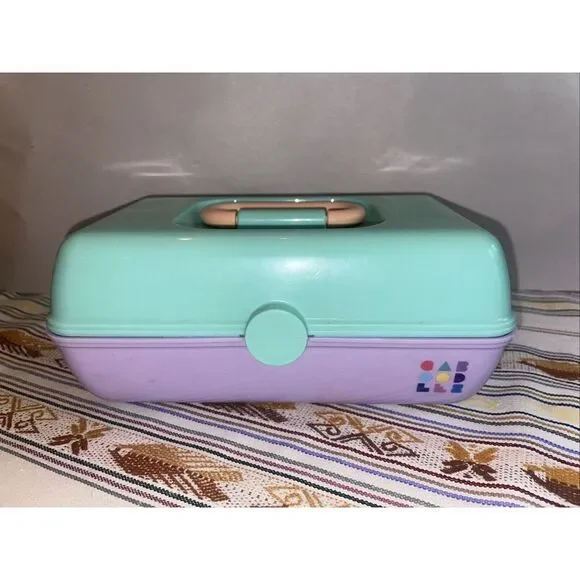 VINTAGE Mini Caboodle Case w/ Mirror & Pair Of Swing Trays ❤️ Aqua/‎ Lavender