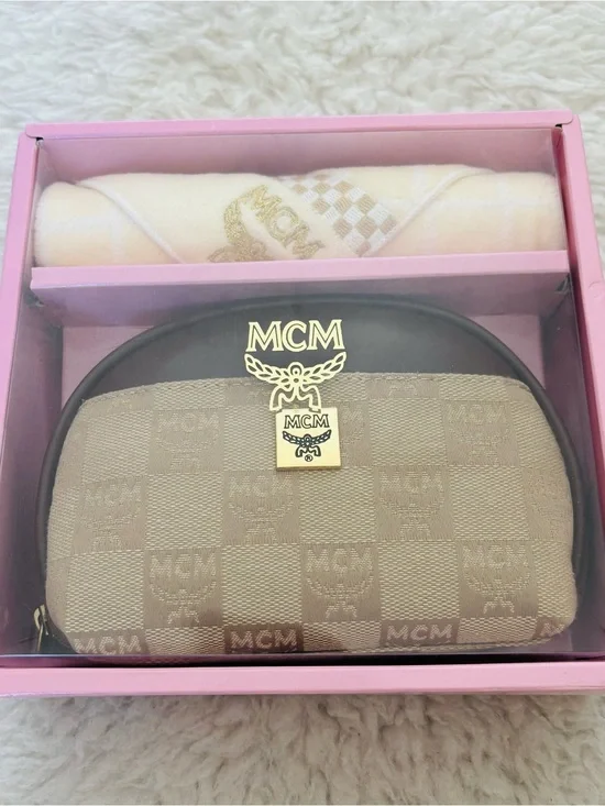MCM Set of 2 Leather/Canvas Logo Cosmetic Pouch & Hand Towel Set