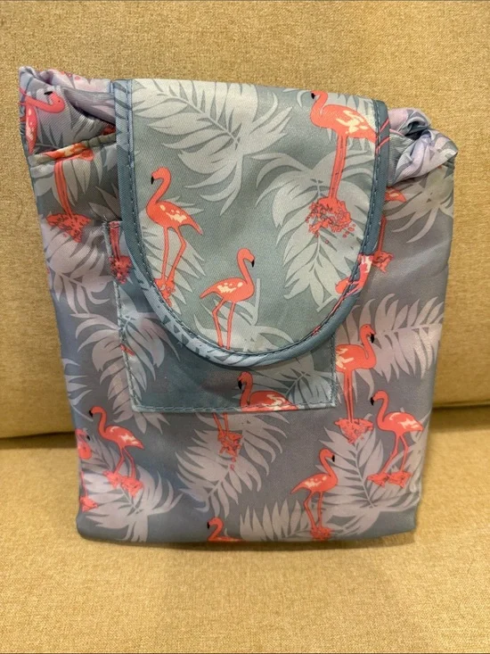 NWOT Bowlift Magical Cosmetic Bag! Flamingo Print Foldable Bag in Blue!