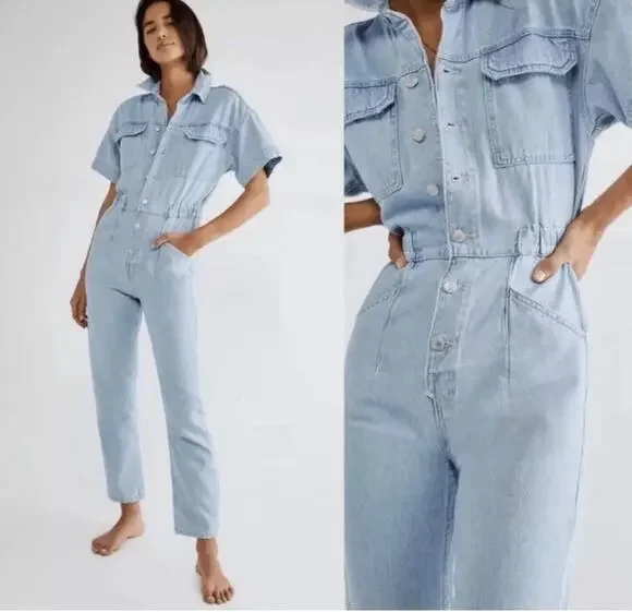 We The Free Marci Jumpsuit MClear Skies Denim Coveralls Boho Utility Romper