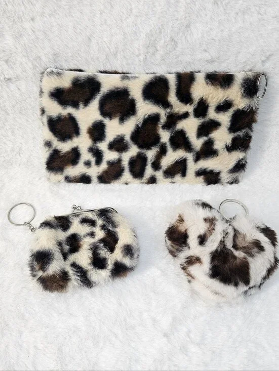 Leopard Print Cosmetic Bag And Turnlock Coin Purse Keychain Bundle