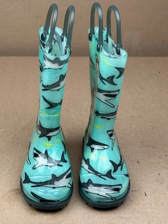 Western Chief Boys Shark Light In Heels Size 7 Green Pull-On Waterproof