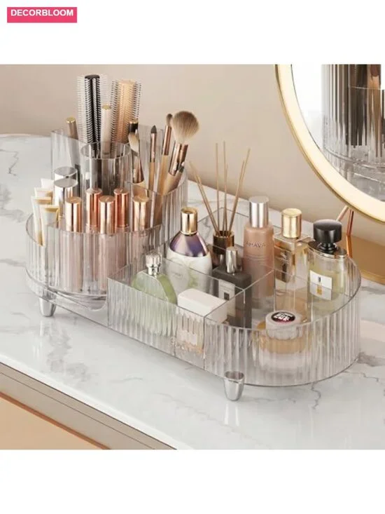 Rotating Makeup Organizer with Open Compartments, Acrylic Cosmetic Display Case