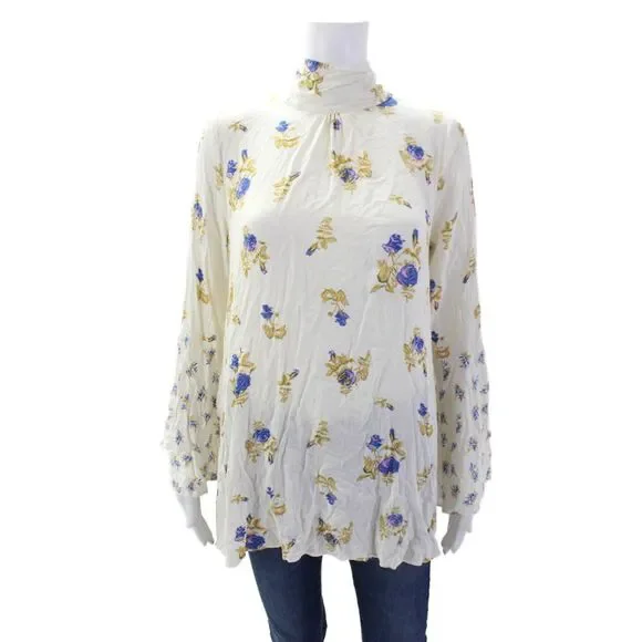 Free People Womens Floral Print Blouse White Multi Colored Size Medium