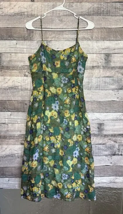 Free People Vintage Green Yellow Floral Empire Waist Slip Dress M (7-8) NWT