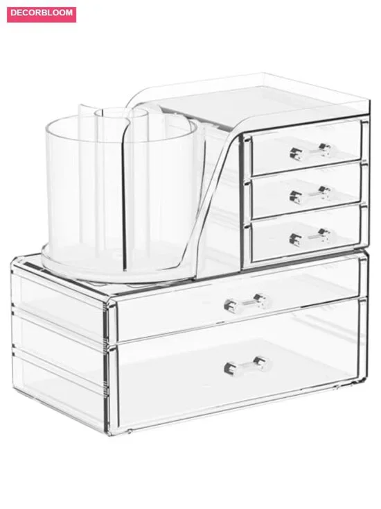 Clear Acrylic Makeup Organizer with Rotating Brush Holder, 2-in-1 Stackable