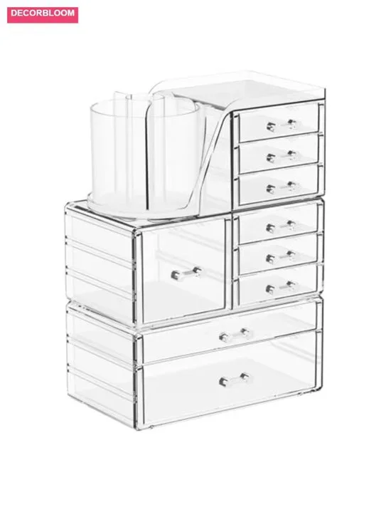 3 Pack Clear Acrylic Makeup Organizer with 9 Drawers and Rotating Brush Holder
