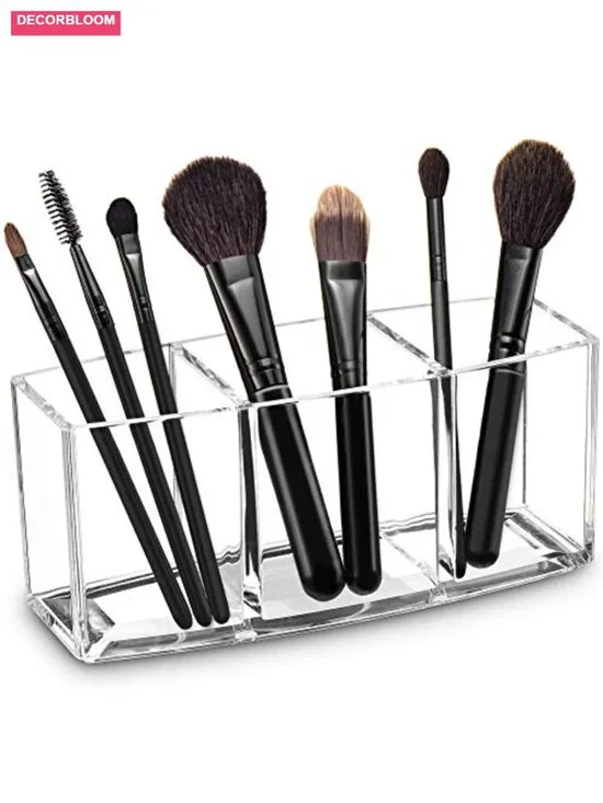 Acrylic Makeup Brush Organizer Holder Clear Cosmetic Storage with 3 Slots