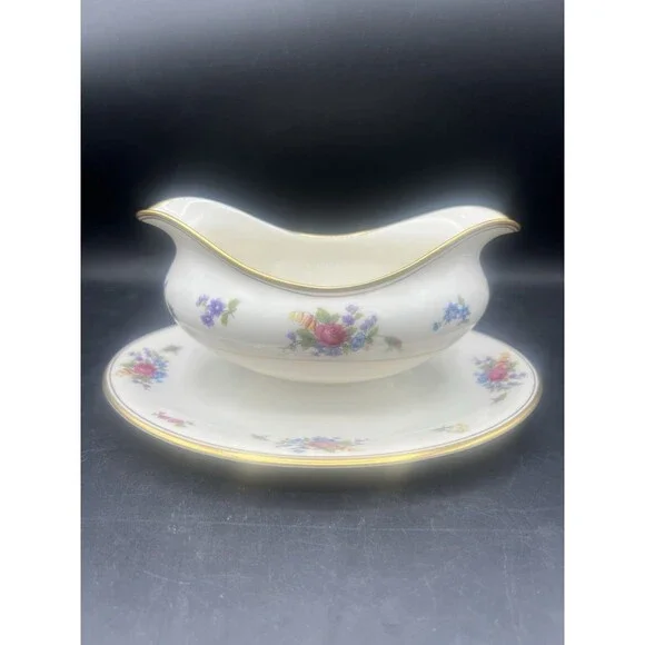 Vintage Lamberton Rose of Lamberton Gravy Boat Underplate Gold Trim Floral China
