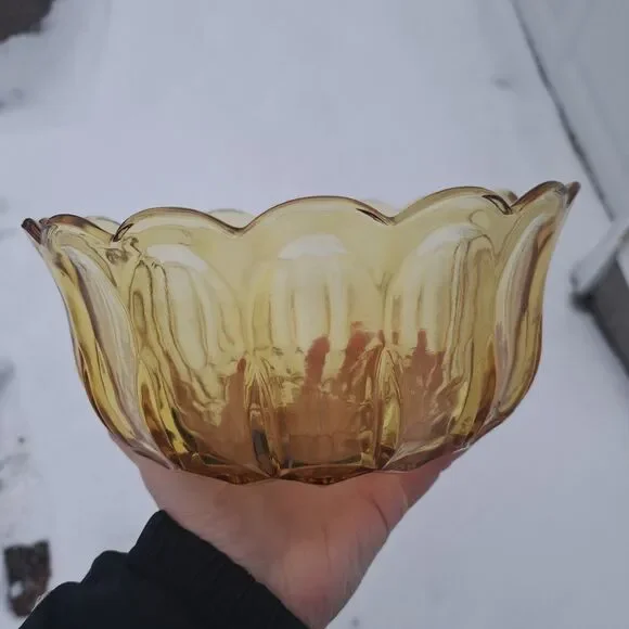 Vintage Fairfield 60's Anchor Hocking Amber Glass Serving Bowl Dish Scalloped