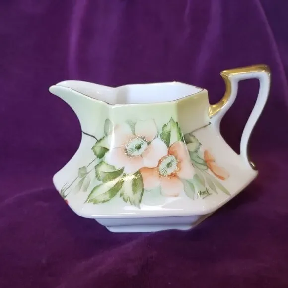 Vintage Hand-Painted Bavarian Floral Porcelain Creamer with Gold Trim
