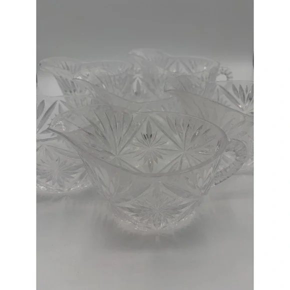 Vintage Set of 6 Pressed Starburst Diamond Pattern Clear Pitchers