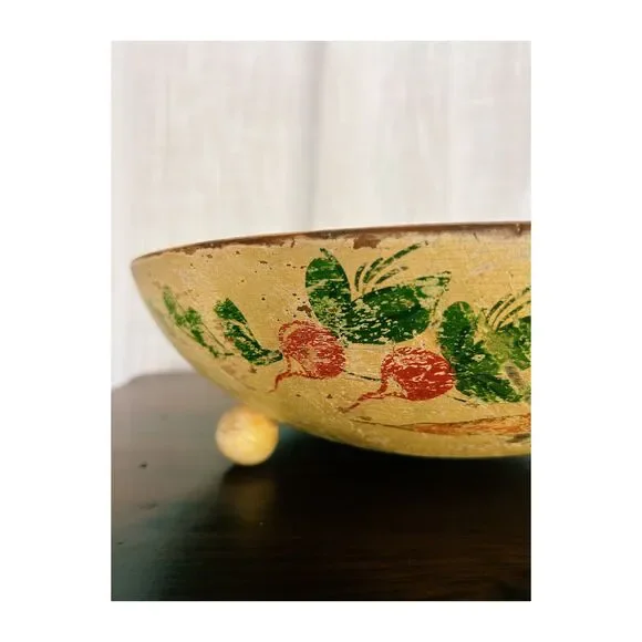 Vintage RobinhoodWare Hand Painted Wooden Footed Salad Bowl Set Matching Servers