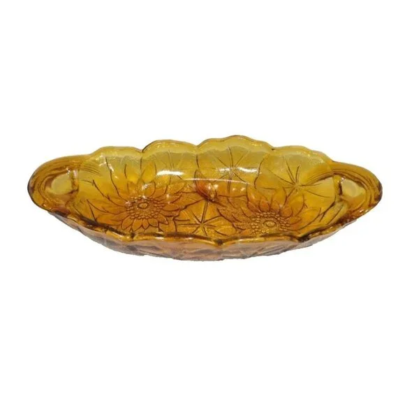 INDIANA GLASS CO Tiara vintage amber oval candy, nut dish 4.5 x 9.5 x 1.75