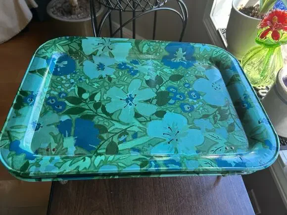 VTG 1960’S-70’S Metal Floral Design TV Tray Table blue green MCM