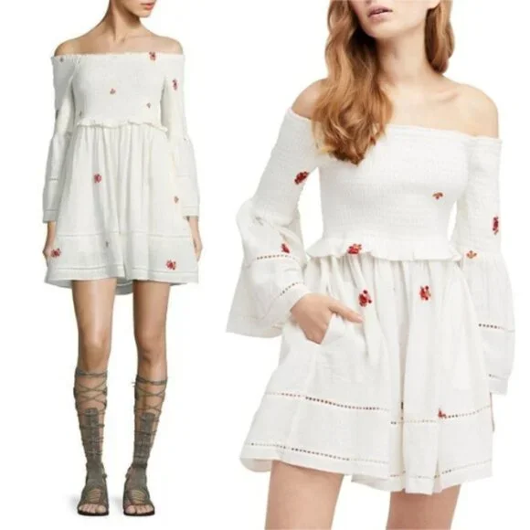 Free People White Counting Daisies Off-the-shoulder Mini Dress 17400