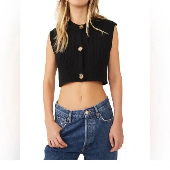 Free People Naiome Micro Vest Black Ribbed Crop Cropped Sweater Sleeveless Small