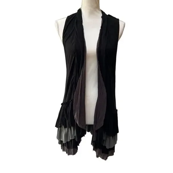 Free People Medium Layered Open Front Sleeveless Duster Vest Boho Black Gray