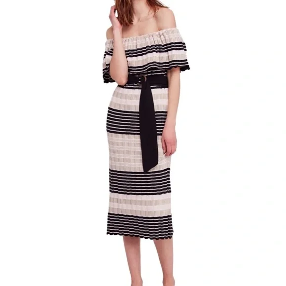 New Free People Womens Off Duty Off-Shoulder Dress, Pink black white stripe knit