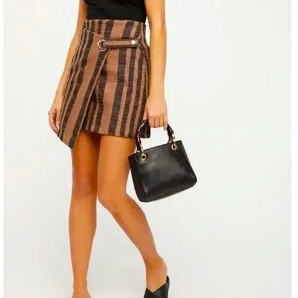 Free People Wrap Mini Skirt M Brown Stripe Asymmetrical Boho Cottage Festival