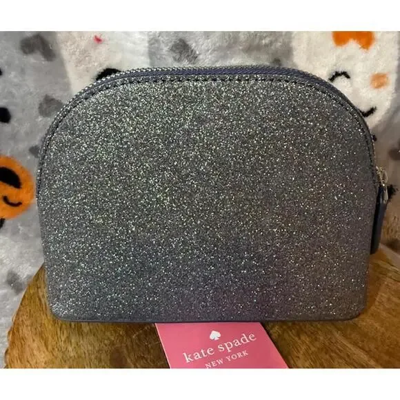 Kate Spade Lola Glitter Cosmetic Bag Dusk Navy Small Dome NWT