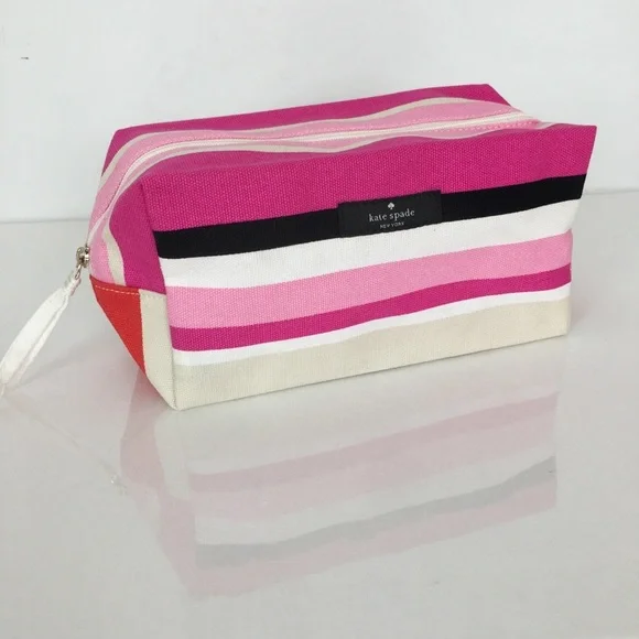 Kate Spade Pink Multi Striped Cosmetic Bag Makeup Zipper Bag Cotton Canvas NWOT