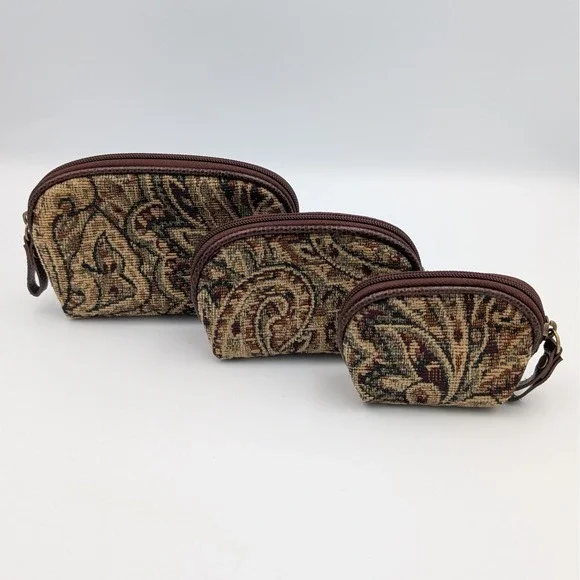 Bueno Tapestry Cosmetic Bag Set Paisley Nesting Travel Pouches Brown 3 Piece