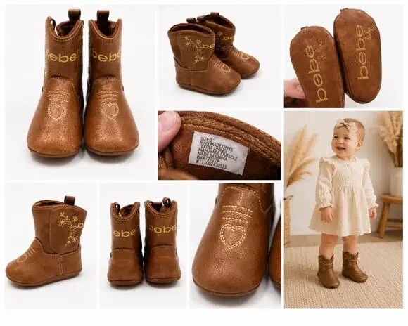 Bebe Baby Toddler Western Cowboy Boots – Brown with Gold Embroidery – Size 2