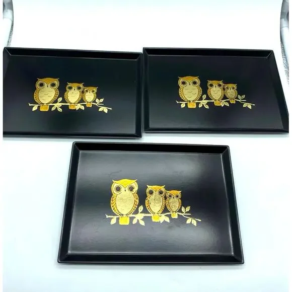 Vintage Otagiri  Black & Gold set‎ of 3 Owl Trinket Tray Japan - Retro