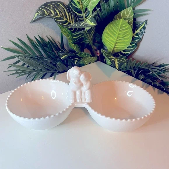 White Bunny Ceramic Double Bowl with cute Bunny Design,Rabbit serving dish