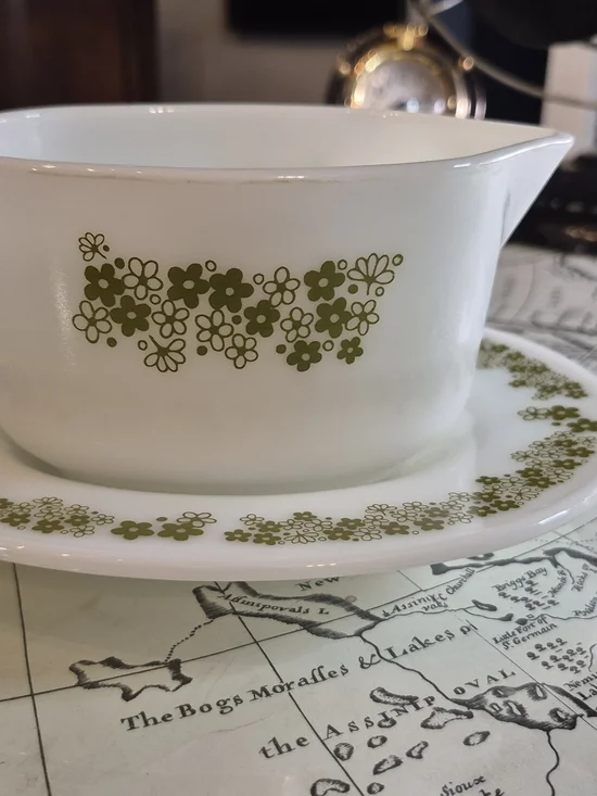 Pyrex White Milk Glass Gravy Boat with Olive Green Floral Pattern